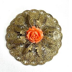 Vintage 2" Brooch Coral Celluloid Rose Vtg Estate Costume Jewelry Pin AU01